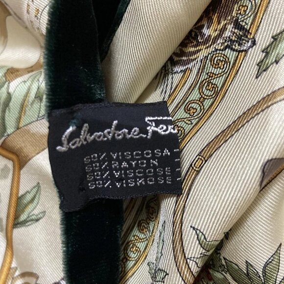 Auth Salvatore Ferragamo - Dark Green Cream Multi Rayon Silk Scarf - Picture 4 of 7